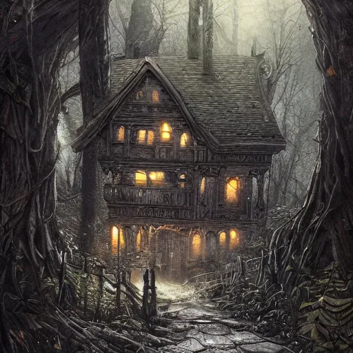 Image similar to dilapidated broken wooden house, tucked within the witchwood forest, evil fairies, overgrown, detailed intricate ink illustration, dark atmosphere, detailed illustration, hd, 4k, digital art, overdetailed art, concept art, by greg rutkowski, by loish, complementing colors, Trending on artstation, deviantart