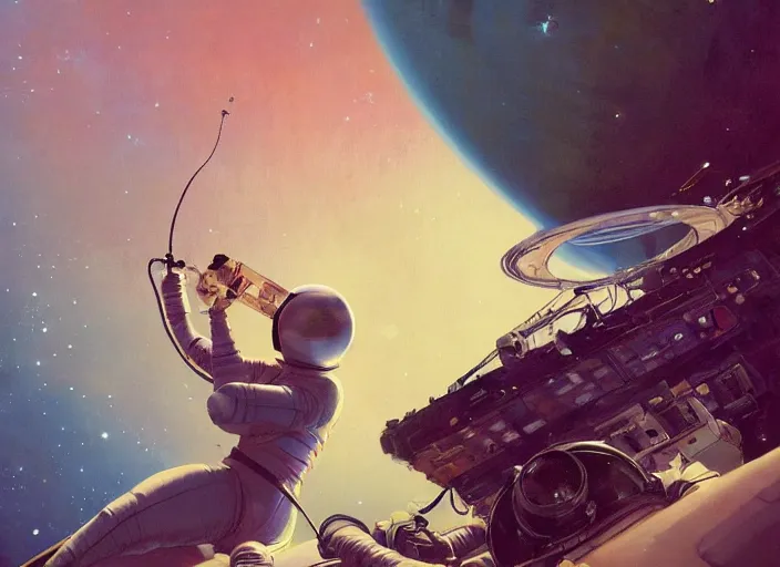 Image similar to closeup shot of a gorgeous inspiring girl in space suit doing a maintenance of a space station in orbit of the moon by Craig Mullins, ilya kuvshinov, krenz cushart, artgerm trending on artstation by Edward Hopper and Dan Mumford and WLOP and Rutkovsky, beksinski carl spitzweg moebius and tuomas kocar, intricate artwork by caravaggio, Unreal Engine 5, Lumen, Nanite