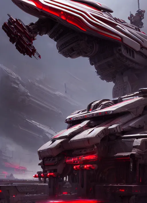 Image similar to wide view of epic muscular mechanical futuristic war machine with red and white accent. highly detailed, digital painting, concept art, smooth, sharp focus, illustration, art by greg rutkowski