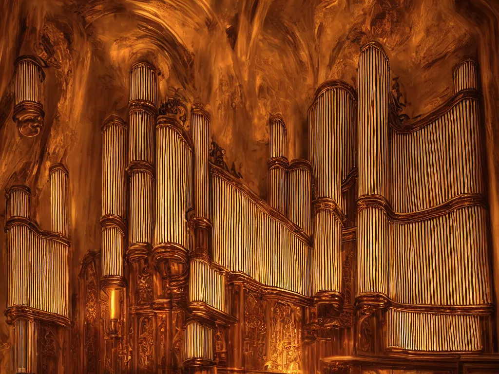 Image similar to hyper realistic photo of a luxury pipe organ interior volumetric lights designed by alan lee