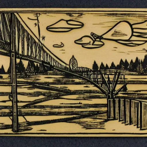 Prompt: small steel suspension bridge built in 1 9 2 8, side view, puffy clouds in background, marijuana cigarette floating in the sky, woodcut style, rubber stamp, 8 k