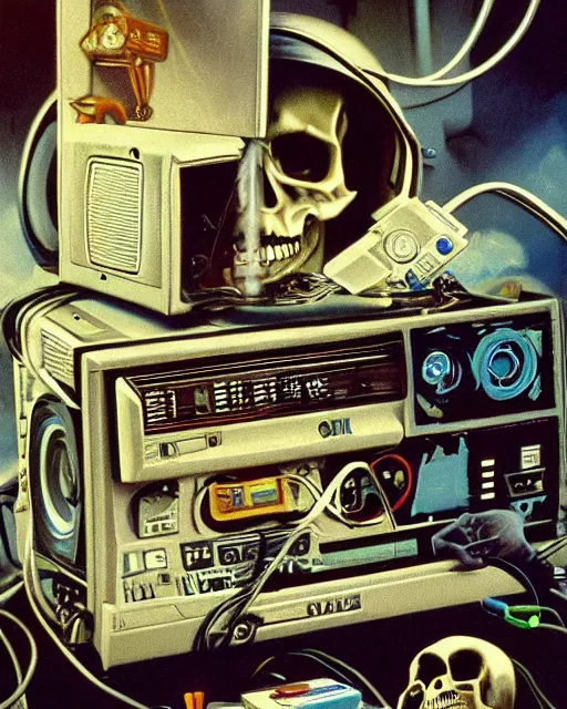 Image similar to a sarcastic skull observing 8 0 s era technology, vintage shapes, retro technology, vintage color, wayne barlow, oil on canvas, deep depth of field, masterpiece, cinematic composition, hyperdetailed