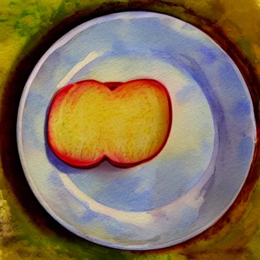 Image similar to bologna sandwich, plate, apple, watercolor, masterpiece