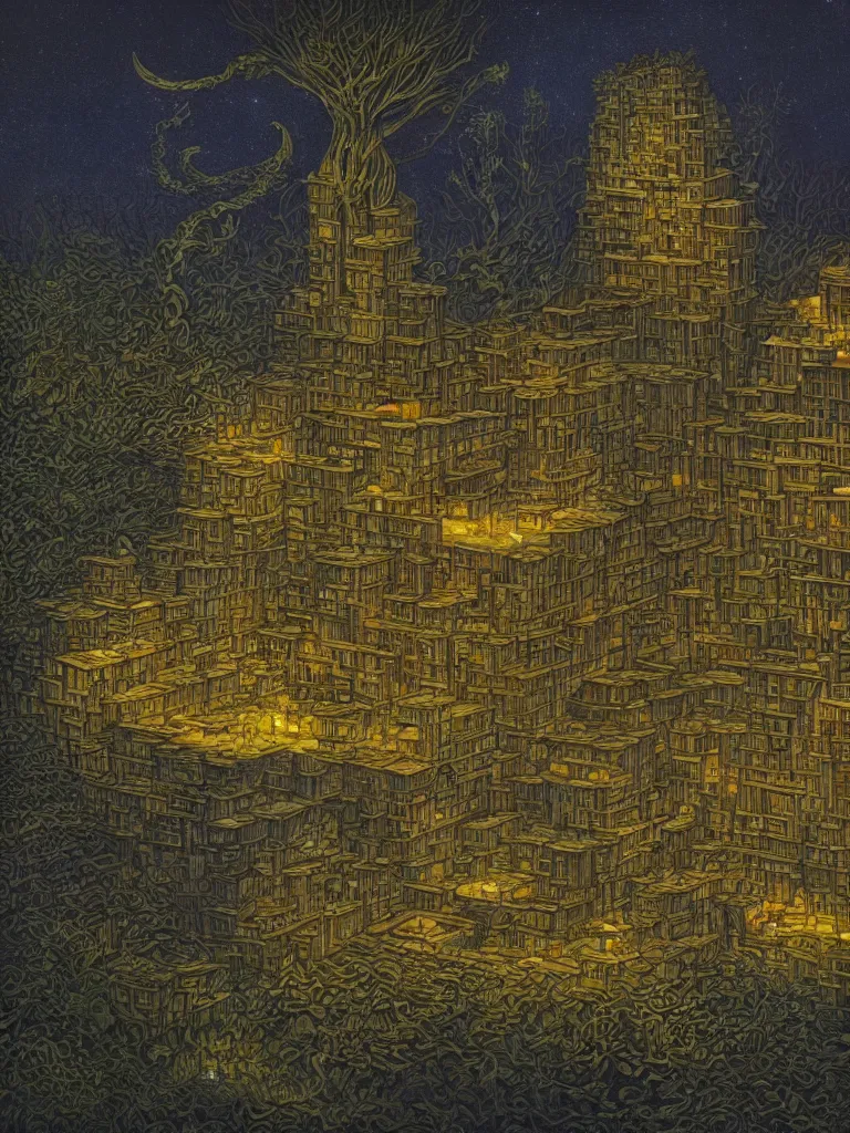 Image similar to the only building hovering over a deserted oasis on a moonlit night in the style of peter merzbacher and jacek yerka, vague picturesque illumination of three - dimensional water bodies