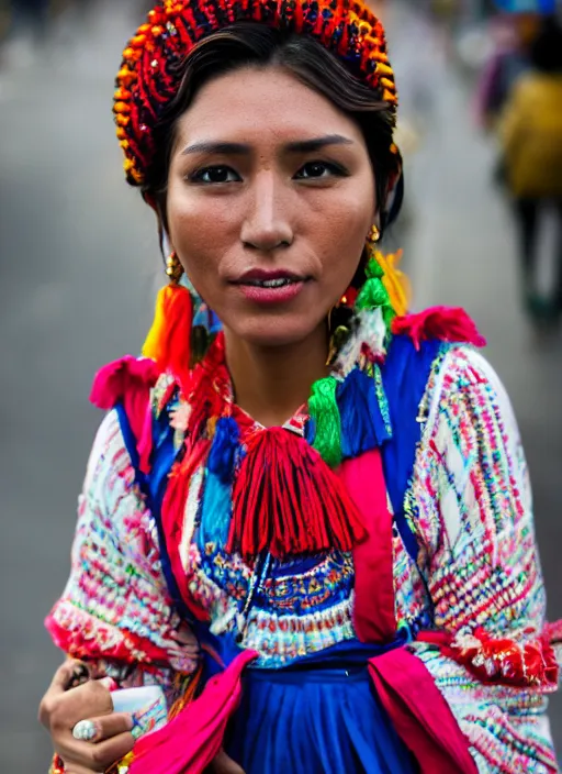 Prompt: color Mid-shot portrait of a beautiful, breathtaking 25-year-old woman from Peru, wearing a traditional outfit, candid street portrait in the style of Mario Testino award winning, Sony a7R