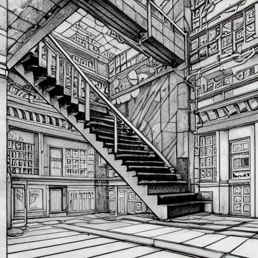 Prompt: a rotten fungus mushroom clump in a bright white hallway with many doors and stairs, Mc Escher architecture, epic composition, decay, anime key visual