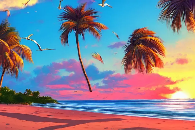 Prompt: a scenic beach during a colorful sunset, beautiful glistening palm trees overhanging the shoreline, seagulls flying above, didier barra, artstation, pinterest, wallpaper 4 k