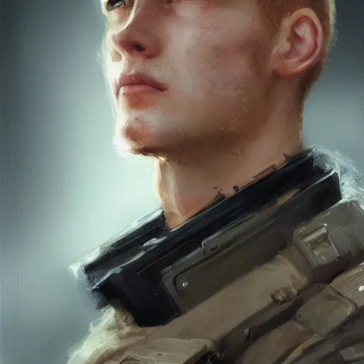 Image similar to Portrait of a man by Greg Rutkowski, he is about 20 years old, norwegian, short blond hair, young, manly, attractive, strong, older brother vibes, he is wearing futuristic military fatigues, highly detailed portrait, scifi, digital painting, artstation, concept art, smooth, sharp foccus ilustration, Artstation HQ