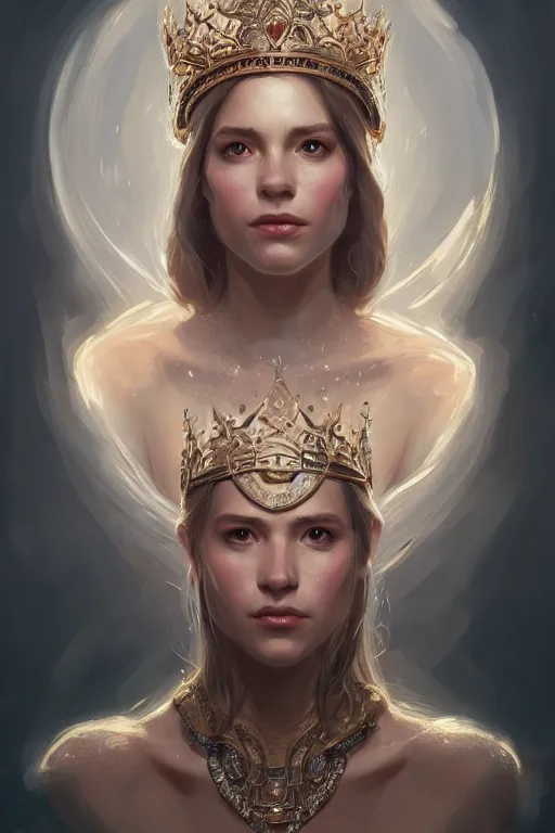 Prompt: highly detailed portrait of an elegant norwegiangoddess, ornate crown, beautiful symmetrical face, glowing skin, digital painting, artstation, concept art, smooth, clear focus, illustration, greg rutkowski, artgerm, global lighting, detailed and fantasy