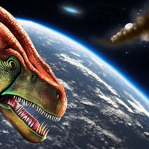 Prompt: dinosaurs living in space, realistic, detailed, precise, 4k