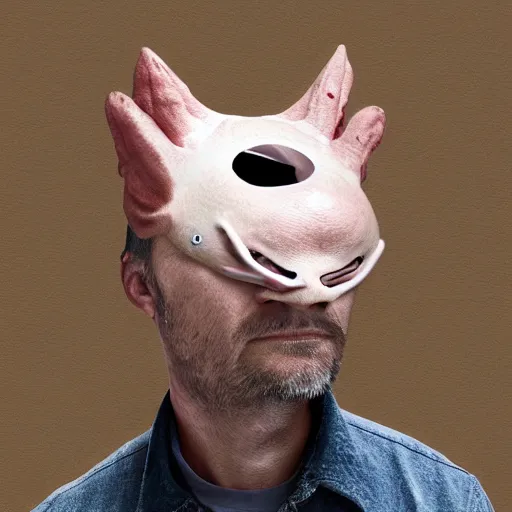 Image similar to man wearing axolotl mask. digital art by derek riggs.