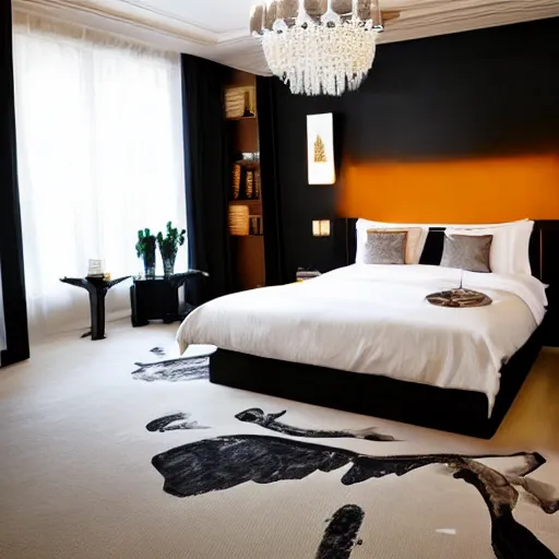 Image similar to stylish luxury hotel bedroom design, feminine, black walls, Japanese influences