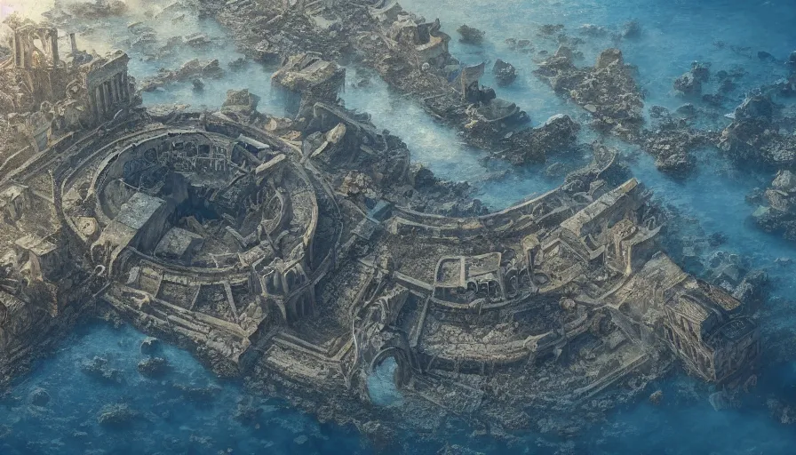 Prompt: Underwater illuminated greek city under dome, hyperdetailed, artstation, cgsociety, 8k