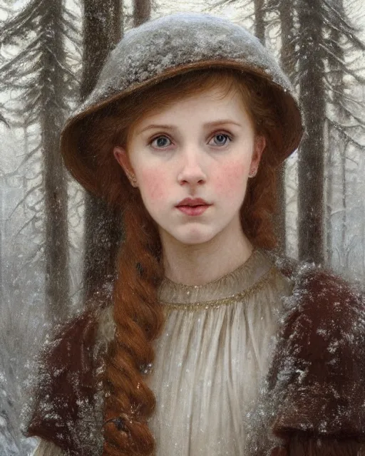 Image similar to a well - lit, realistic portrait painting of a thoughtful girl resembling a young, shy, redheaded irish alicia vikander or millie bobby brown wearing peasant dress in a deep snow - covered forest at dusk, highly detailed, intricate, concept art, artstation, by donato giancola, ron cobb, and william adolphe bouguereau