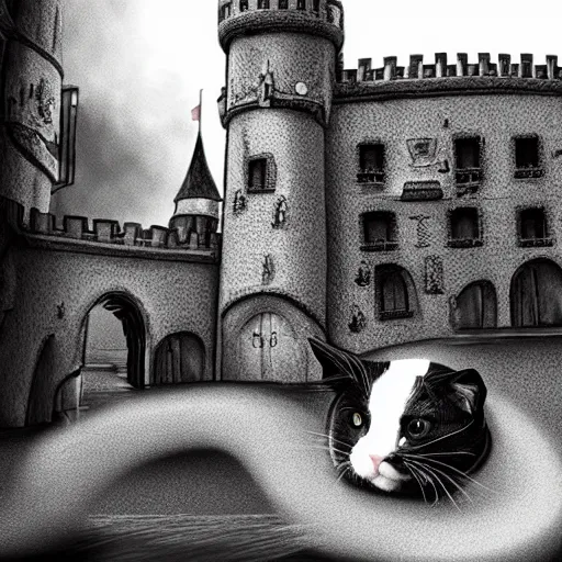 Image similar to happy black and white cat frolicking in a castle, realistic, digital art