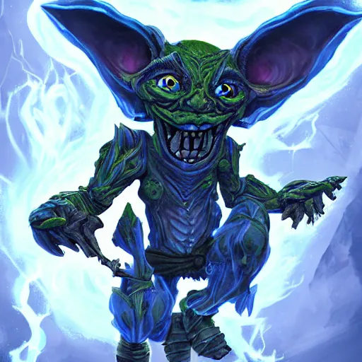 Prompt: a highly detailed goblin with grey skin and blue eyes that glow, with a tornado in his hand, like magic the gathering, goblin chainwalker, digital art, by christopher rush