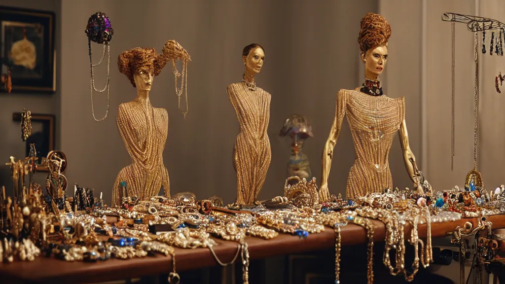 Prompt: a woman made of jewelry stands in the living room, film still from the movie directed by Denis Villeneuve with art direction by Salvador Dalí, wide lens, 4K, realistic