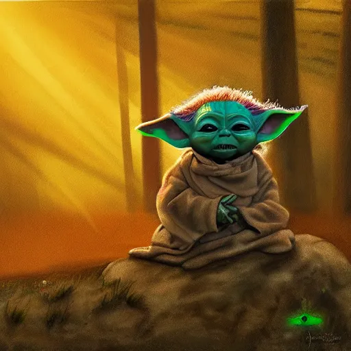 Prompt: high - angle view, shot from 5 0 feet distance, baby yoda on a well lit path in a dimly lit forest. dramatic clouds, setting sun, oil on canvas. light, shadow, depth, volume, chiaroscuro, drama, quiet intensity, realism, digital art