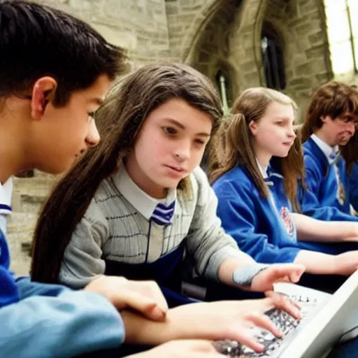 Image similar to Photo of student wizards using a computer in Hogwarts