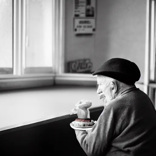 Prompt: a still of a lonely, melancholic old man staring at a slice of cake in a diner, he wears a birthday hat, infront of him is a framed photo facing him, dramatic contrasting light, 50mm, shot on a leica