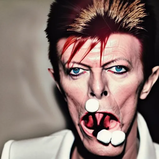 Prompt: david bowie fitting as many marshmallows into his mouth as he can