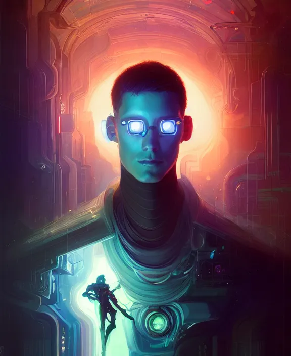 Image similar to a whirlwind inside the metaverse, guy, male, man, hologram, half body, neurochip, android, cyborg, cyberpunk face, by loish, d & d, fantasy, intricate, elegant, highly detailed, colorful, digital painting, artstation, concept art, art by artgerm and greg rutkowski and alphonse mucha