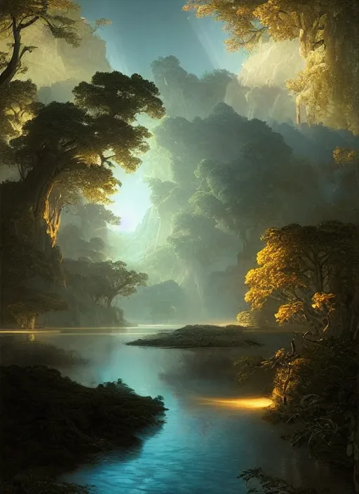 Image similar to detailed river delta, light shafts, stunning atmosphere, naturalistic art by asher brown durand, inspired by greg rutkowski and peter mohrbacher