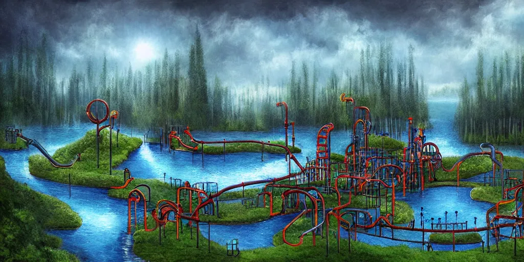 Prompt: pipe factory playground built on a forest lake, award winning art, epic dreamlike fantasy landscape, art print, science fiction, ultra realistic,