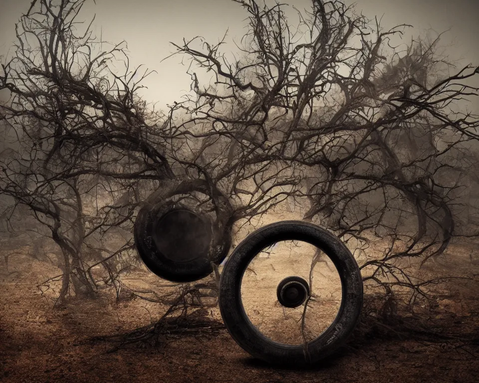 Image similar to a horror movie poster featuring a tire in a smokey desert