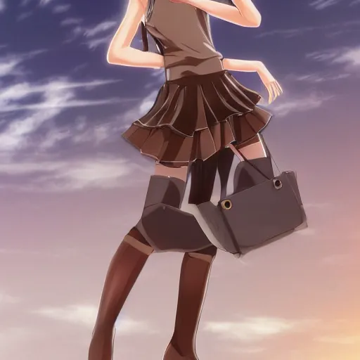 Image similar to 3d anime girl, wearing a tanktop, perfect body, wearing brown boots, long brown hair, gorgeous face, silver necklace, high quality anime art, trending on artstation
