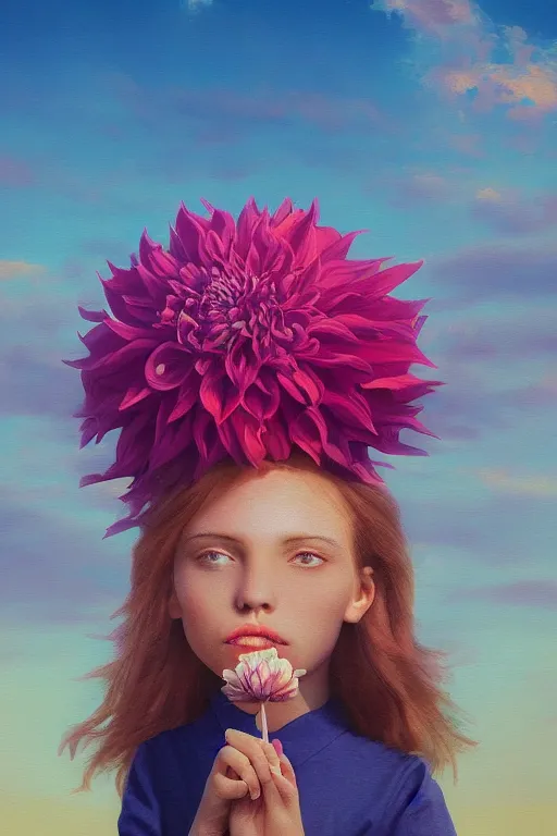 Prompt: closeup girl with huge dahlia flower head, portrait on beach, surreal photography, blue sky, sunrise, dramatic light, impressionist painting, digital painting, artstation, simon stalenhag