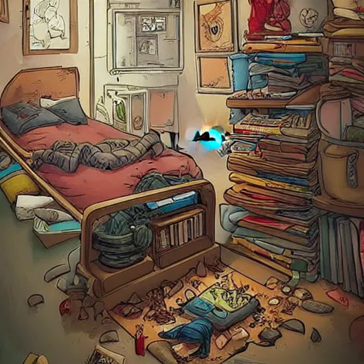 Image similar to detailed room in the sewer lair The room is a clean and delicate room ,over the bed there is a sword rack ,everything is neat ,stack of comics on the floor,soft,light,bright,epic,awesome,digital art, by Simon baek