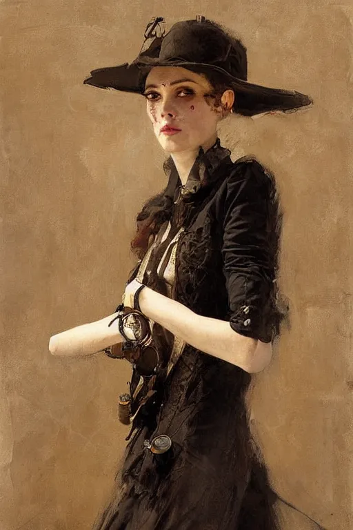 Image similar to Richard Schmid and Jeremy Lipking full length portrait painting of a young beautiful victorian steampunk vampire woman