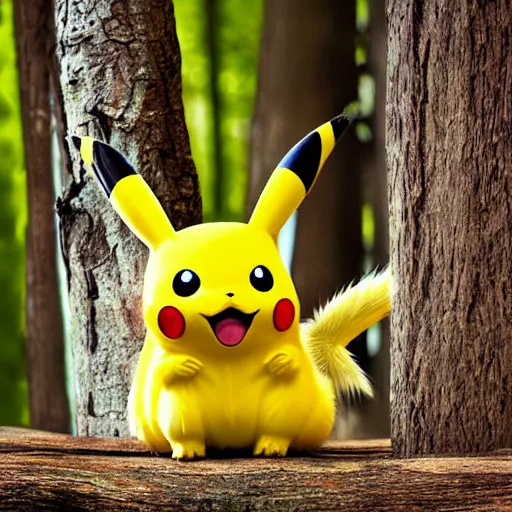 Prompt: pikachu in a forest, realistic, national geographic wildlife photography, wildlife, fluffy, cute, real
