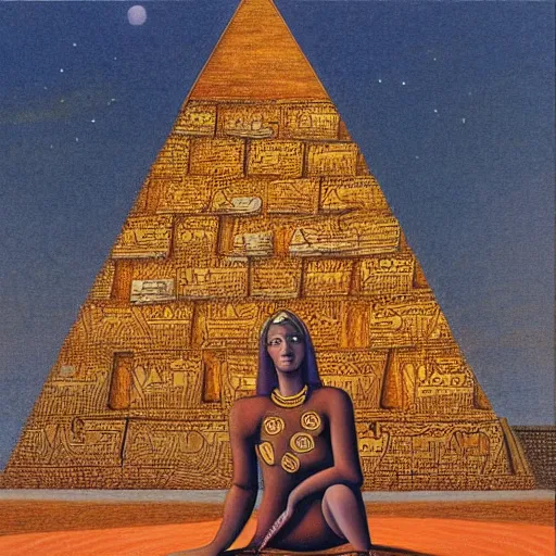 Image similar to a high priestess sitting cross - legged in front of a golden pyramid, by abdul mati klarwein