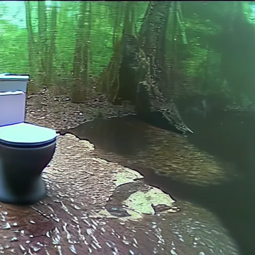 Image similar to cctv footage trail cam of dwayne the rock johnson and floating toilet