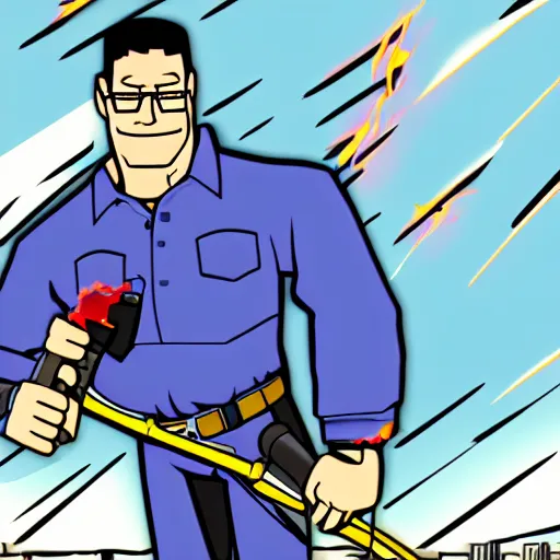 Image similar to hank hill with a flamethrower 4 k epic deviantart artstation dynamic pose