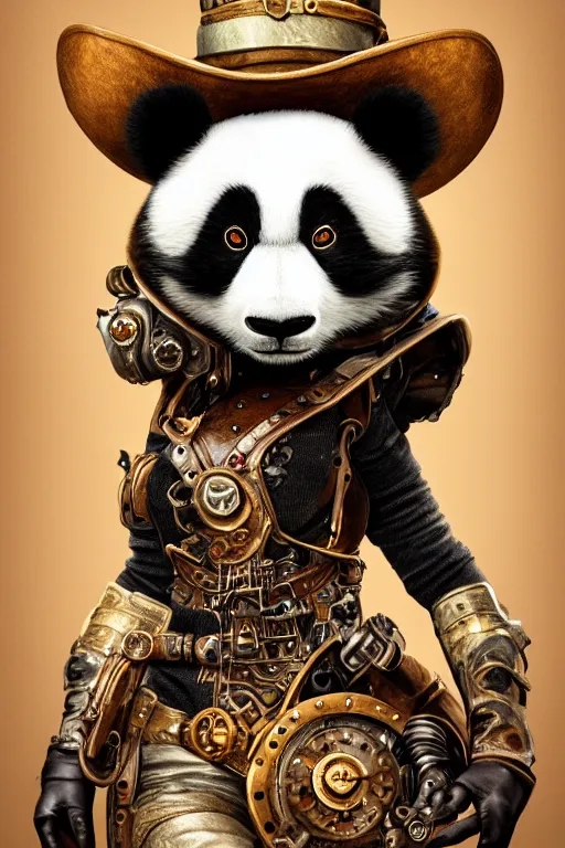 Prompt: anthropomorphic panda as a steampunk cowgirl, intricate, elegant, highly detailed, digital painting, artstation, concept art, smooth, sharp focus, contemporary fashion shoot, by edward robert hughes, annie leibovitz and steve mccurry, david lazar, jimmy nelsson, hyperrealistic, octane render