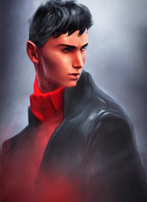 Image similar to An epic fantasy comic book style portrait painting of a young man with black cowlick haircut, wearing black overcoat, red clothes, blue jeans. Unreal 5, DAZ, hyperrealistic, octane render, cosplay, RPG portrait, dynamic lighting