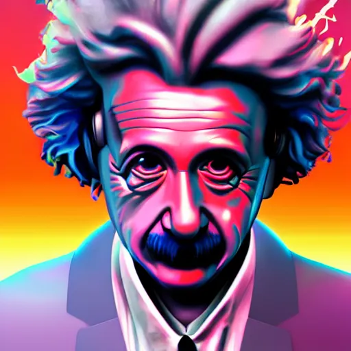 Image similar to A young Albert Einstein as a robot, synthwave style, hacker, dramatic lighting, artstation, 8K, detailed