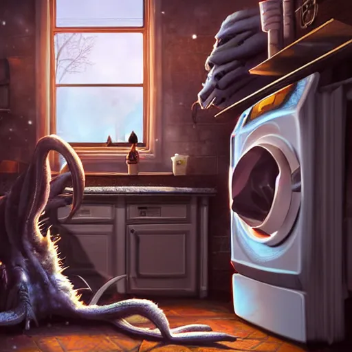 Image similar to demonic creature with giant claws crawling out of a washing machine in a laundry room, cinematic lighting, inspired by Evgeny Lushpin,George, greg rutkowski winter,nighttime,cinematic,art station