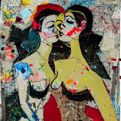 Image similar to two women kissing at a carnival, mixed media collage, retro, paper collage, magazine collage, acrylic paint splatters, bauhaus, layered paper art, sapphic visual poetry expressing the utmost of desires by jackson pollock