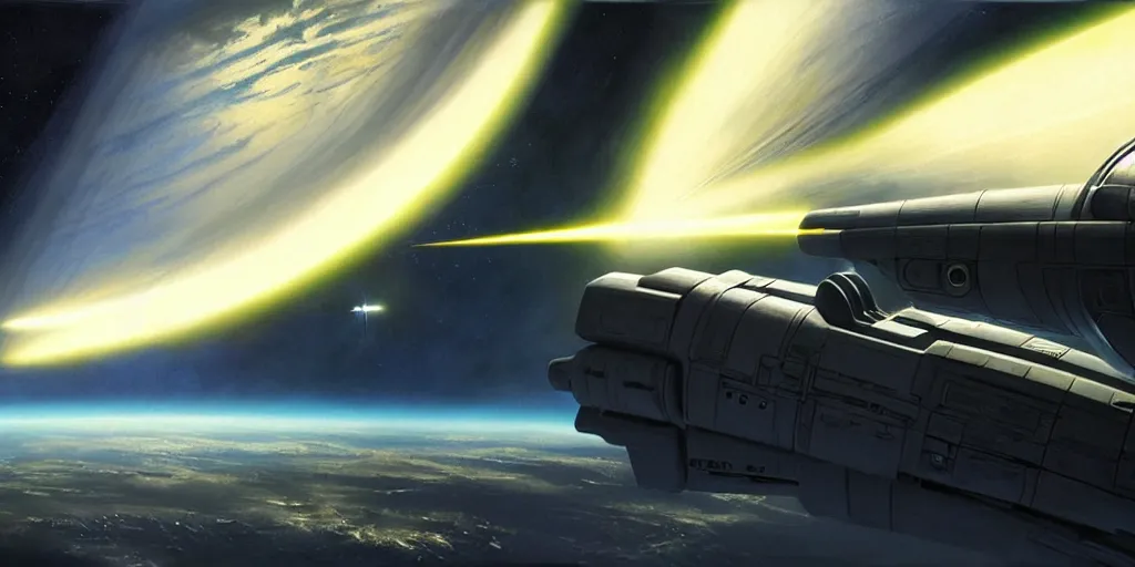 Image similar to hyper realistic sci - fi matte concept art painting of a young spaceship pilot watching a satellite shoot a laser at earth from her window, brightly lit!, beautiful details, strong composition painted by kim jung guweta studio rutkowski, james gurney and greg rutkowski, and lucasfilm, smooth, intricate, detailed, sharp focus, cinematic