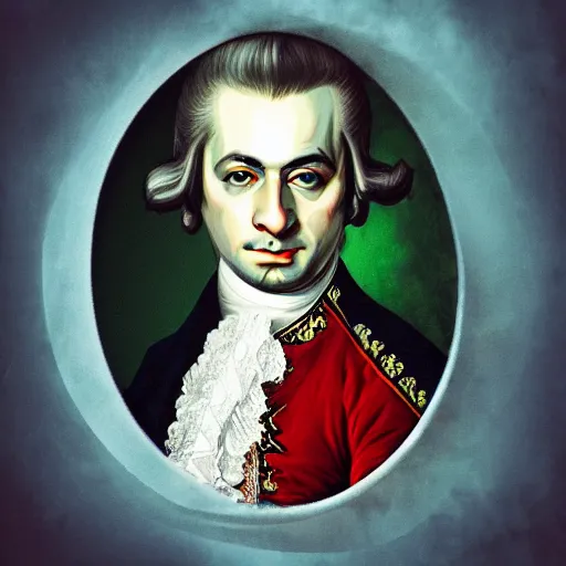 Prompt: Mozart with bloodshot eyes holding a joint digital art