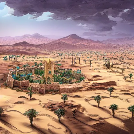 Image similar to a large kingdom in the desert, 8 k fantasy art illustration