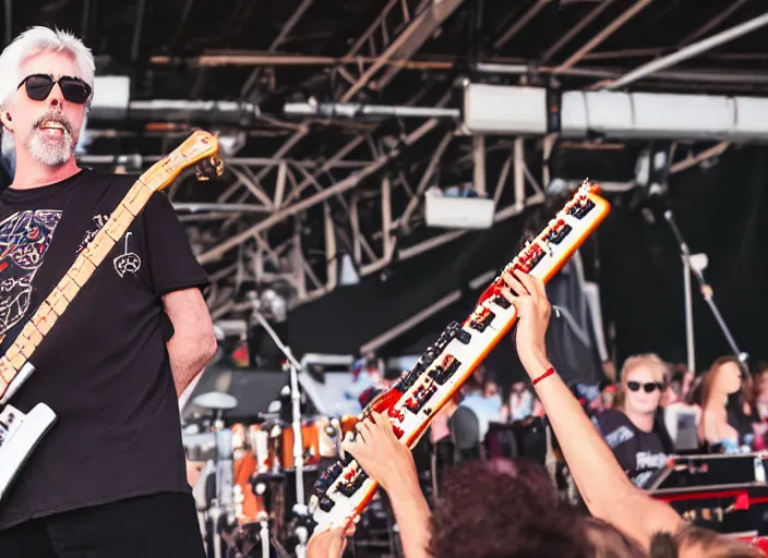 Image similar to photo still of michael mcdonald on stage at vans warped tour!!!!!!!! at age 3 8 years old 3 8 years of age!!!!!!! throwing a keytar into the crowd, 8 k, 8 5 mm f 1. 8, studio lighting, rim light, right side key light