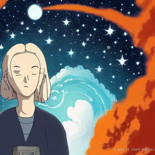 Image similar to Spirited away dark blonde guy with blue eyes in space