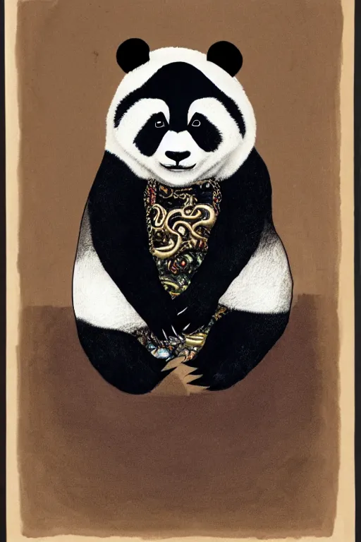 Prompt: a portrait of a biomorphic panda wearing high fashion clothes and jewelry looking at the camera