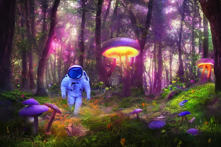 Prompt: An astronaut walking in an enchanted fantasy forest. Colorful. Glowing mushrooms. Flying fairies. Cinematic lighting. Photorealism.