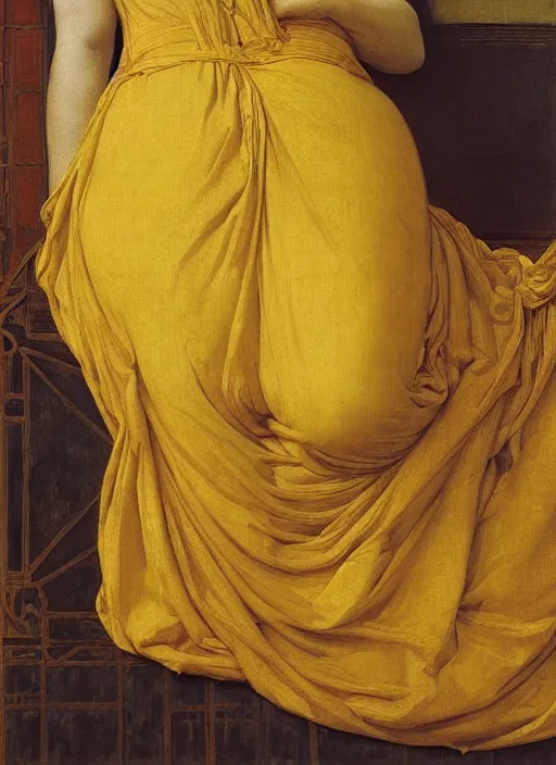 Image similar to masterpiece portrait of lady reclining on bed wearing yellow ochre ornate medieval dress, vertical, foreshortening, colour photography by frederic leighton, william morris, 8 k